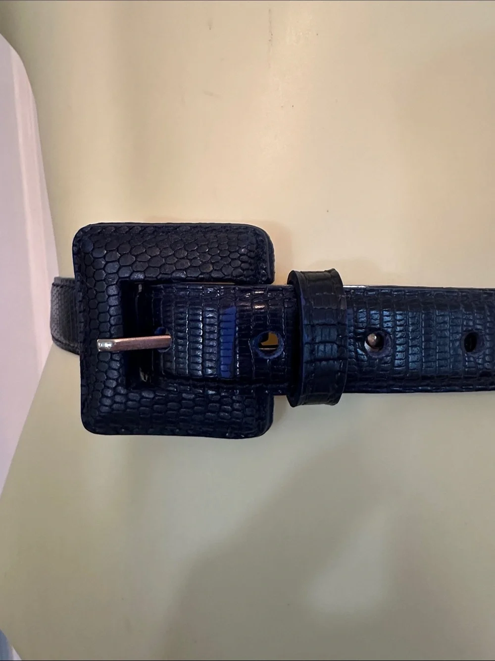 Dark Navy Blue Textured Square-Buckle Faux Leather Belt
